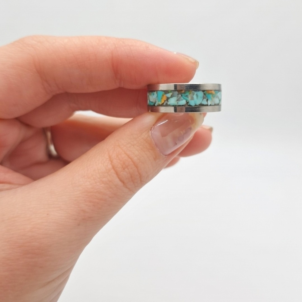 Handmade - (1 PC) Natural Turquoise and Stainless Steel Band Ring